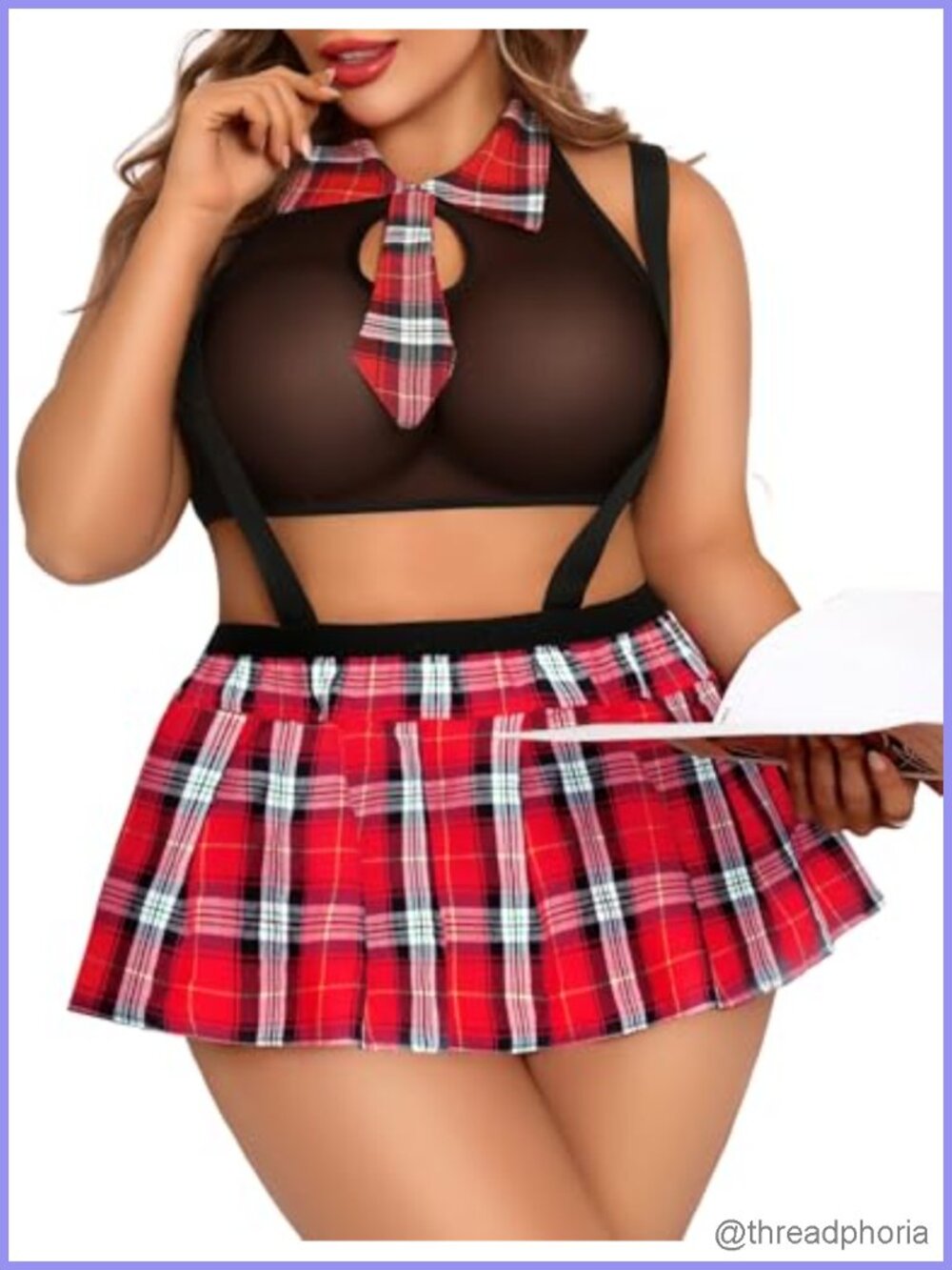 Plus Size Schoolgirl Lingerie Costume Set with Tie Top and Mini Skirt